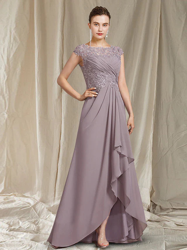 Wholesale A-Line Mother of the Bride Dress Elegant High Low Jewel Neck Asymmetrical Floor Length Chiffon Lace Short Sleeve with Pleats Sequin Appliques